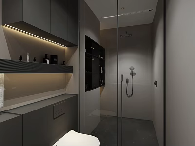 Modern Bathroom Interior Design With Gray Cabinets Glass Shower Partition Lighting Strips and Vanity 3d model