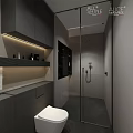Modern Bathroom Interior Design With Gray Cabinets Glass Shower Partition Lighting Strips and Vanity