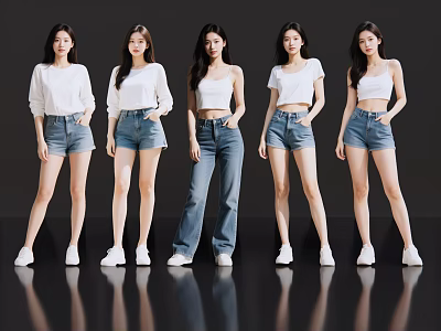 Five Women In White Tops And Denim Shorts Jeans Standing Against Black Background 3d model