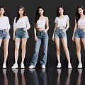 Five Women In White Tops And Denim Shorts Jeans Standing Against Black Background