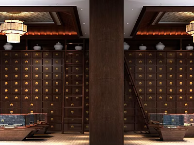 Traditional Chinese Medicine Shop Interior With Wooden Herbal Cabinets Drawers And Hanging Lamps 3d model