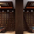 Traditional Chinese Medicine Shop Interior With Wooden Herbal Cabinets Drawers And Hanging Lamps