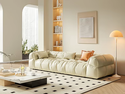 Modern Living Room With Beige Sofa Black And White Geometric Rug And Floor Lamp 3d model