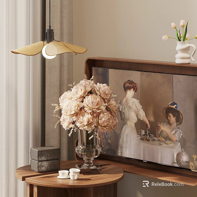 Glass Vase with Pink Peonies on Wooden Table with Vintage Painting and Decorative Box 3d model 