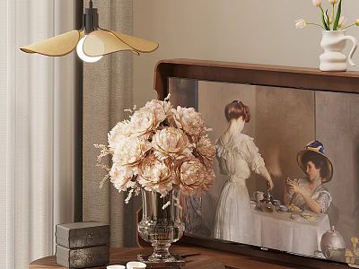 Glass Vase with Pink Peonies on Wooden Table with Vintage Painting and Decorative Box 3d model