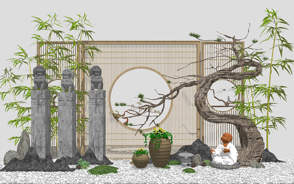 Traditional Garden Courtyard With Bamboo Stone Lion Statues Circular Window And Curved Tree 3d model 