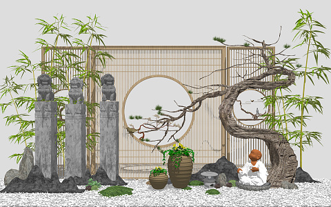 New Chinese style landscape sketch courtyard landscape potted plant screen tied horse pile stone lion vase 3d model