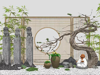 New Chinese style landscape sketch courtyard landscape potted plant screen tied horse pile stone lion vase 3d model