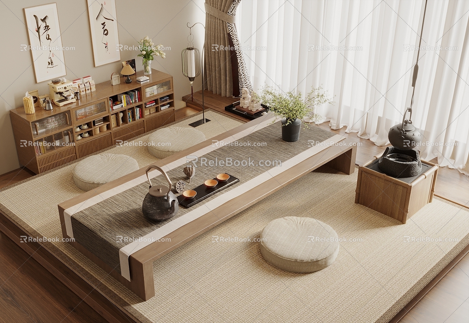 New Chinese Tatami Tea Room Tea Table and Chair Combination Long Tea Table Storage Rack Floor Lamp Tea Set Ornaments Tatami Bedroom 3d model