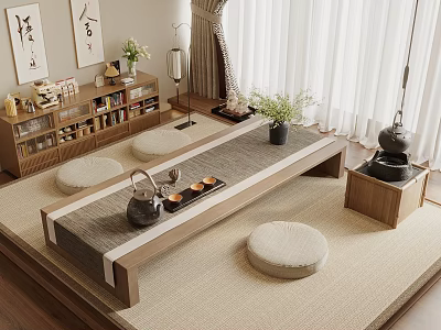 Traditional Tea Room Interior Design With Tatami Floor Tea Table Cushions And Tea Sets 3d model