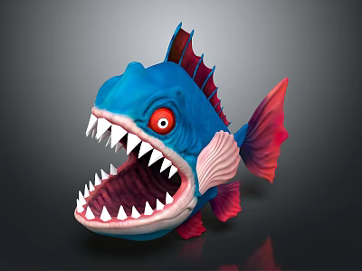 Cartoon Fantasy 3D Fish Character With Blue Body Red Fins Sharp Teeth And Open Mouth 3d model