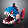 Cartoon Fantasy 3D Fish Character With Blue Body Red Fins Sharp Teeth And Open Mouth