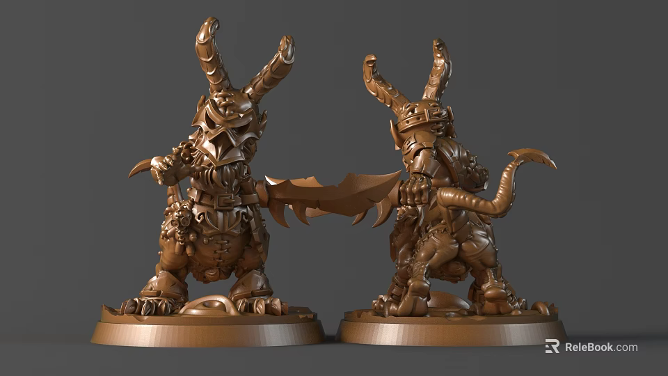 Intricate Bronze Fantasy Creature Sculptures With Horns Sword And Scythe Details On Pedestal 3d model 