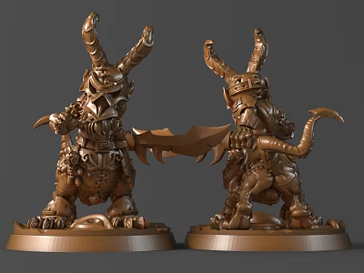 Intricate Bronze Fantasy Creature Sculptures With Horns Sword And Scythe Details On Pedestal 3d model