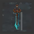 Mythical Decorative Sword With Blue Blade Red Ornamental Hilt And Intricate Design