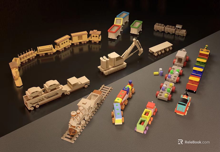 Creative Building Blocks Toy Models Featuring Train Truck Excavator And Colorful Vehicle Designs 3d model 