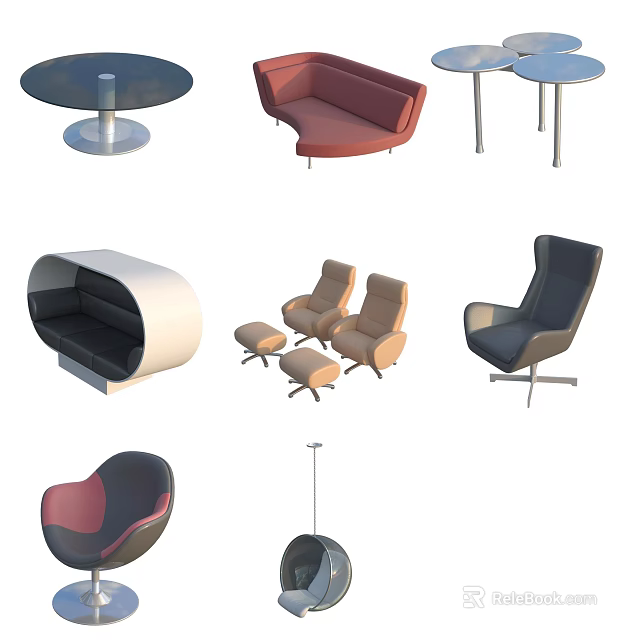 Modern Sofa And Coffee Table Set Featuring Curved Upholstered Sofas And Round Tables 3d model