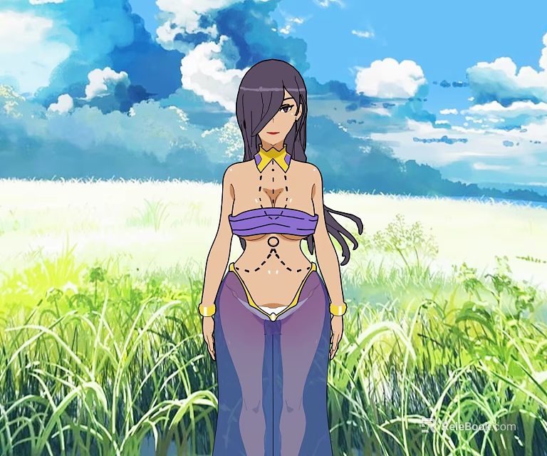 Anime Style Female Character Standing In Green Grass Field With Blue Sky And White Clouds 3d model 