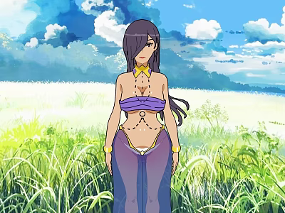 Anime Style Female Character Standing In Green Grass Field With Blue Sky And White Clouds 3d model