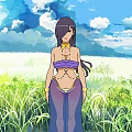 Anime Style Female Character Standing In Green Grass Field With Blue Sky And White Clouds