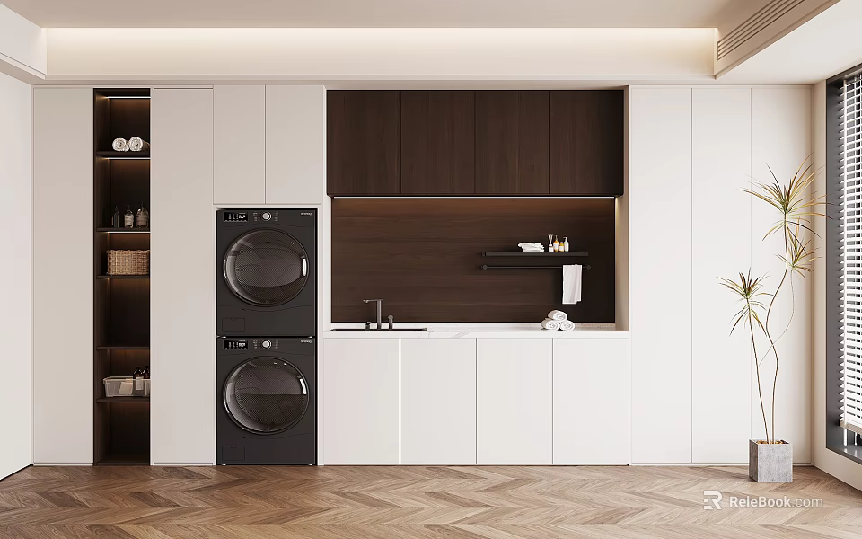 Modern Laundry Room With White Cabinets Dark Upper Storage And Black Washer Dryer 3d model 