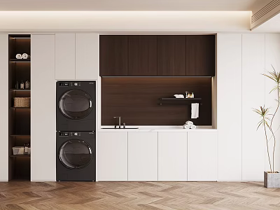 Modern Laundry Room With White Cabinets Dark Upper Storage And Black Washer Dryer 3d model