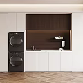 Modern Laundry Room With White Cabinets Dark Upper Storage And Black Washer Dryer