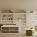 Modern Boutique Store Interior With White Display Shelves Green Sofa And Seating Area