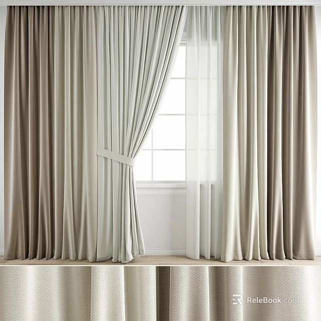 Soft Beige Curtains With Sheer White Layer And Tieback For Modern Window Design 3d model 