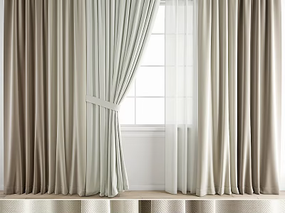 Soft Beige Curtains With Sheer White Layer And Tieback For Modern Window Design 3d model