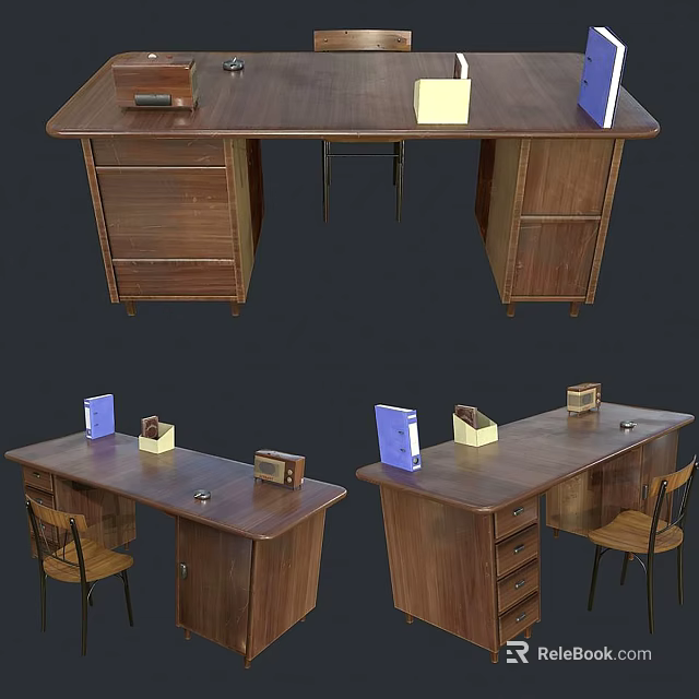 Wooden Desk For Home Office With Drawers Chair Desktop Folders And Storage Boxes 3d model 