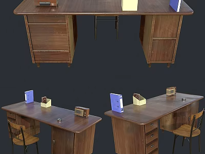 Wooden Desk For Home Office With Drawers Chair Desktop Folders And Storage Boxes 3d model