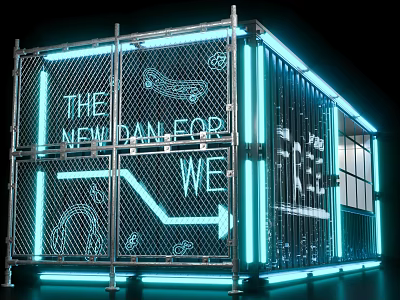 Modern Container Exterior With Neon Lights Metal Mesh Fence And New Canvas Design 3d model