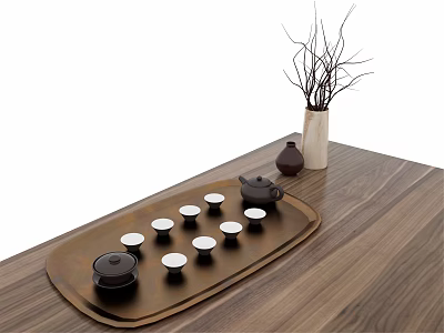 Classic Tea Set with Teapot Small Teacups on Wooden Tray and Ceramic Pet Vase 3d model