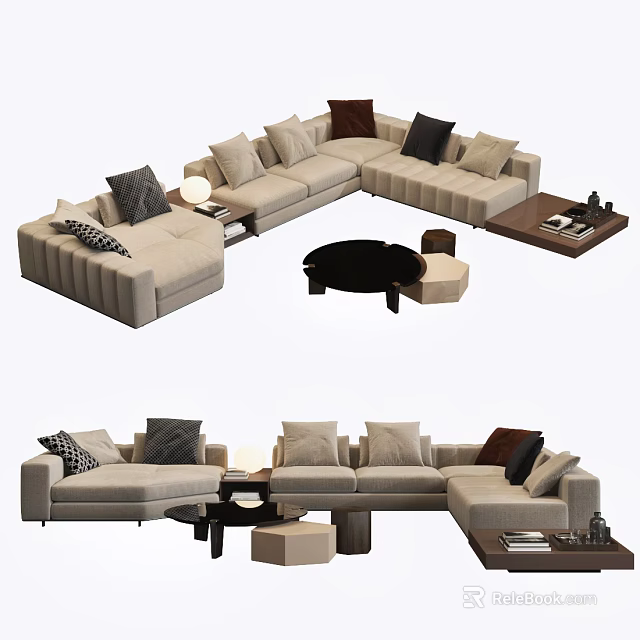 Beige Sectional Sofa With Multiple Pillows Round Coffee Table And Side Table 3d model