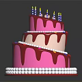 Two Tiered Birthday Cake With Pink Frosting Drizzle White Bead Border Colorful Sprinkles And Candles
