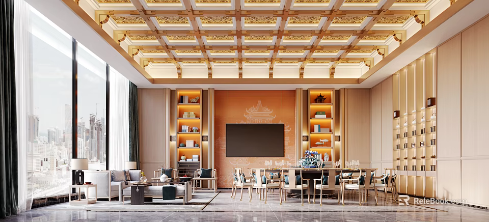 Luxurious Private Room With Golden Ceiling Orange Walls Bookshelves TV Sofa And Dining Chairs 3d model 