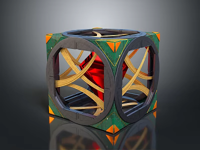 Intricate Geometric Cube Structure With Green Orange Accents Gray Frame And Red Core 3d model