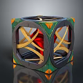 Intricate Geometric Cube Structure With Green Orange Accents Gray Frame And Red Core
