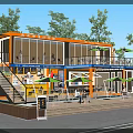 Two Story Container Cafe With Outdoor Seating Green Umbrellas Trees And Illuminated Lighting