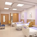 Modern Hospital Room Interior with Wooden Walls Purple Curtains TV Cabinet and Beds