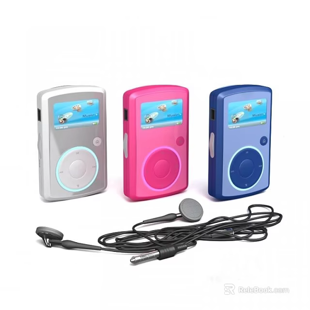 Portable Headphone Speakers With Silver Pink Blue Colors Display Screen And Headphones 3d model 