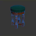 Traditional Wooden Stool With Green Round Padded Seat And Carved Legs