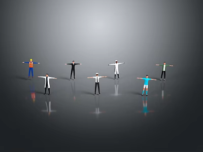 Game And Movie Characters With Various Poses And Colored Outfits On Grey Reflective Floor 3d model