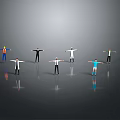 Game And Movie Characters With Various Poses And Colored Outfits On Grey Reflective Floor