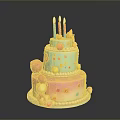 Three Layer Birthday Cake with Colorful Candles Stars Candies and Pink Light Blue Gradient Layers