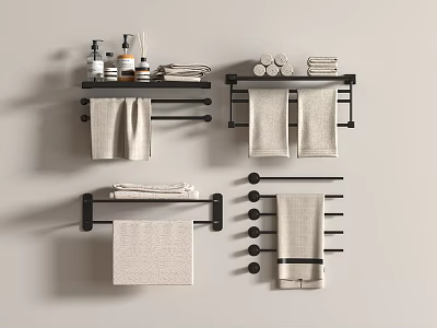 Beige Towels Hanging on Black Towel Racks Against Gray Wall with Toiletries and Rolled Items 3d model