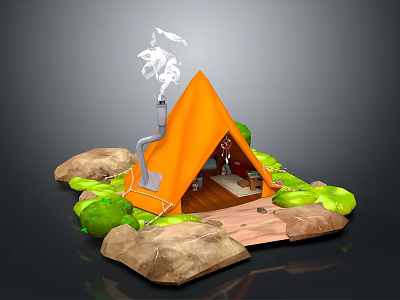 Cartoon Scene Featuring Orange Tent With Smoking Chimney Green Plants Rocks And Wooden Pathway 3d model