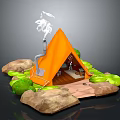 Cartoon Scene Featuring Orange Tent With Smoking Chimney Green Plants Rocks And Wooden Pathway