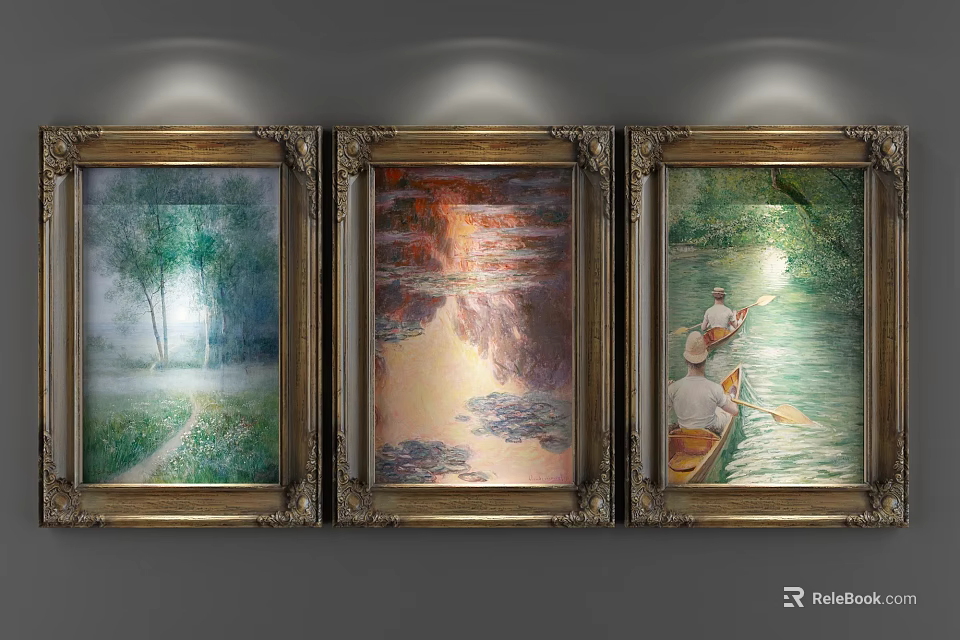 Decorative Triptych Oil Paintings with Golden Frames Wooded Path Water Lily and Rowing Boat Scenes 3d model 